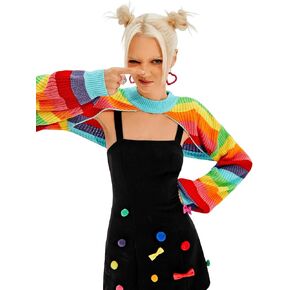 SweatyRocks Women's Rainbow Striped Mock Neck Pattern Lantern Sleeve Shrug Crop Top Sweater