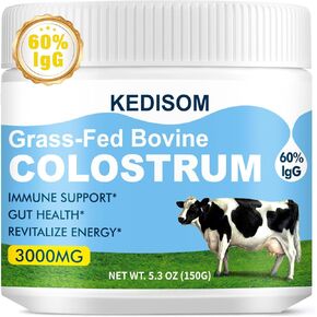 Bovine Colostrum for Humans, 60% High-IgG Colostrum Powder, 3000 mg Grass Fed Colostrum Bovine Powder for Gut Health & Immune Support - Easy to Mix Liposomal Colostrum Supplement, 50 Servings