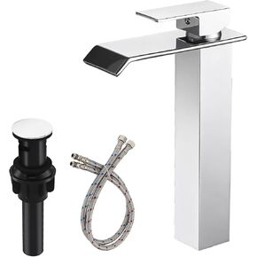 Black Bathroom Vessel Sink Faucet, Waterfall Bathroom Faucet, Vessel Faucet, Tall Body High 1 Hole Single Handle with Pop Up Drain Combo Lavatory Vanity Mixer Tap Commercial Basin Bowl Sink