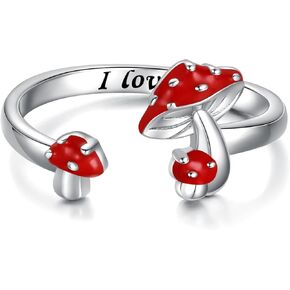 Mushroom Ring 925 Sterling Silver Hypoallergenic Cute Red Mushroom Adjustable Ring Jewelry Gift for Women
