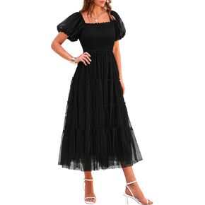 PRETTYGARDEN Women's Smocked Midi Tulle Dress 2025 Summer Puffy Short Sleeve Square Neck Ruffle Wedding Guest Party Dresses