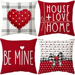 Red Valentine's Day Pillow Covers 18 x 18 Inch Set of 4, Valentines Decor Polka Dots Red Hearts Love Bowknot Decorative Pillowcases for Home Sofa Couch Cushion Decoration