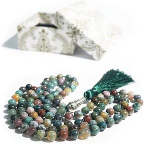 Mala Beads 108 Handmade Necklace, Agate with Alloy Guru Bead and Tassel,43.2 Inches for Meditation,Yoga,Mindfulness