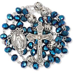 Nazareth Store 8mm Crystal & 10mm Alloy Mystery Prayer Beads Rosary Necklace Miraculous Medal and Catholic Cross