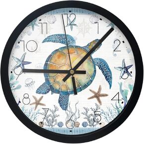 Ocean Sea Turtle Wall Clock Silent Non Ticking, 10 Inch Quartz Wall Clock Battery Operated, Beach Coastal Starfish Undersea Round Decorative Wall Clock for Home/Office/Kitchen