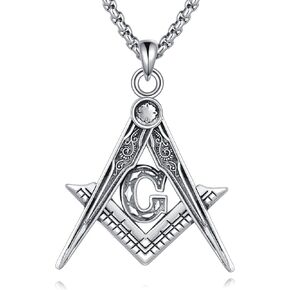 URONE Masonic Necklace 925 Sterling Silver Free and Accepted Masons Pendant Necklace Freemason Compass Symbol Jewelry for Men Women