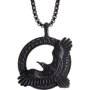 HAQUIL Raven Necklace, Black Plated Stainless Steel Celtic Raven in Flight Medallion Pendant, Box Chain, Raven Jewelry Gift