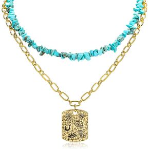 Vintage Layered Western Cowgirl Pendant Necklace for Women Turquoise Chip Stone Beads Choker Necklace Cowboy Hat Boot Horseshoe Pattern Charm Adjustable Gold Chain Boho Jewelry Gift for Women Men