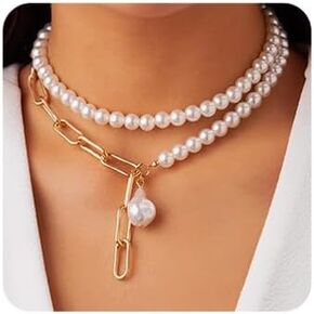 Octwine Dainty Vintage Simple Pearls Paperclip Necklace Baroque Pearl Pendant Choker 1920s Bar Prom Party Jewelry for Women