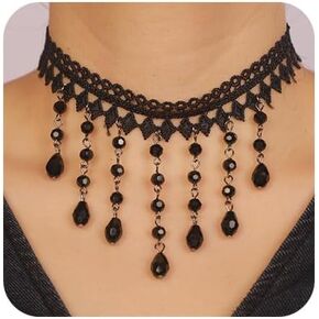 Sexy Black Lace Neckchoker Black Lace Rhinestone Pendant Necklace Halloween Lace Choker Bohemian Rhinestone Pendant Lace Neck Chain for Women