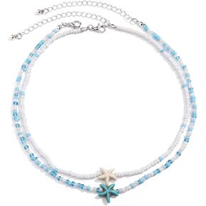 Todu Boho Seashell Beach Ocean Layered Necklace Summer Starfish Turtle Conch Shell Beachy Colorful Beaded Choker Necklace For Women Girls Jewelry Gift