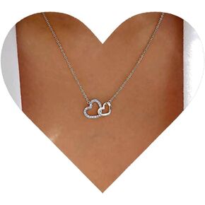 Vintage Double Heart Pendant Necklace Crystal Heart Necklace Hollow Heart Choker Necklace Gold Cz Heart Necklace Jewelry for Women (Gold)