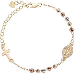 14K Gold Plated Rosary Bracelet for Women-Virgin Mary Decade Rosary Beads Cross Charm, Dainty Virgen de Guadalupe Bracelets Religious Catholic Gifts for Confirmation Baptism Godmother with Card