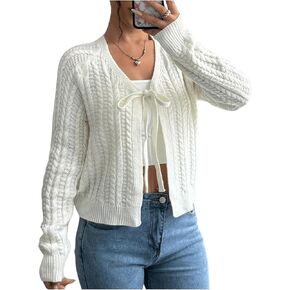 SHENHE Women's Bow Tie Front Cable Knit Soft Knit Open Front Dressy Cardigan Sweater