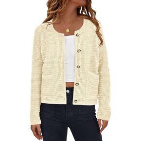 Women's Button Down Cardigan Sweater Chunky Open Front Crew Neck Causal Long Sleeve Knit Outwear with Pockets