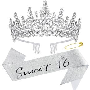Canitor Sweet 16 Birthday Crown Tiara and Sash with Pin Sweet 16 Party Decorations Sweet 16 Gifts for Girls 16th Birthday Dress Accessories Silver