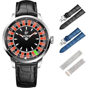 SUZAKU Men's Automatic Watch Luminous Roulette NH35 Movement Leather and Stainless Steel Strap,50M Waterproof, Sapphire Glass