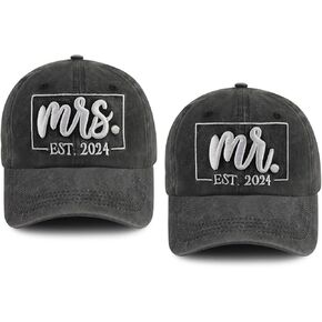 2PCS Mr and Mrs Est 2024 2025 Hats for Men Women, Funny Adjustable Embroidered Cotton Birthday Baseball Cap