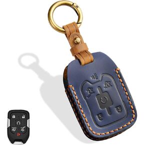 6-Button Leather Key Fob Cover, Compatible with GMC Yukon Chevrolet Chevy Suburban Tahoe 2015-2020 etc, No Screw Design Retro Style Smart Key Holder Protector(Blue)