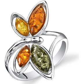 PEORA Genuine Baltic Amber Dragonfly Ring for Women 925 Sterling Silver, Rich Cognac, Olive Green, Honey Yellow Colors Sizes 5 to 9