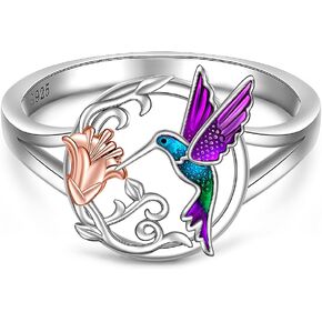 Hummingbird Ring for Women Sterling Silver Blue Purple Hummingbird Flower Ring Cute Hummingbirds Bird Jewelry Finger Band Christmas Gifts