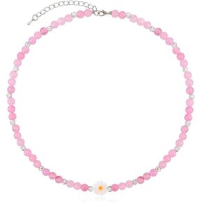 Bohemian Pink Beaded Necklace for Women with Cute Daisy Charm Gemstone Crystal Beads Choker Necklace Glass Beads Y2K Preppy Statement Necklace Adjustable Boho Summer Beach Jewelry Gift for Women