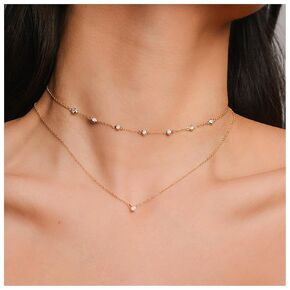 Boho Layered Crystal Necklace Gold Rhinestone Pendant Necklace Sparkle Cz Chain Necklace Wedding Solitaire Necklace Chain Jewelry for Women and Girls (Gold)