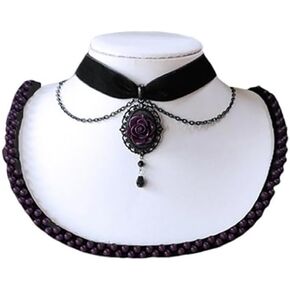 Dark Red Rose Flower Pendant Choker Necklace Gothic Vintage Victorian Black Velvet Collar Necklace Cameo Pendant Choker Necklace Witch Vampire Role Playing Character Jewelry Gift