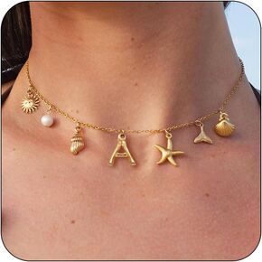 Dcfywl731 Initial Charm Necklace for Women Shell Letter Necklaces Gold A-Z Charms Pendant Alphabet Personalized Pendant Necklace Boho Starfish Surfer Jewelry Gifts