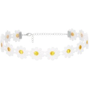Minimalist Daisy Choker Necklace for Women Fabric Embroidery Sunflower Chain Necklaces Adjustable Simple Sweet Floral Cloth Decoration Holiday Birthday Jewelry 16 Inches