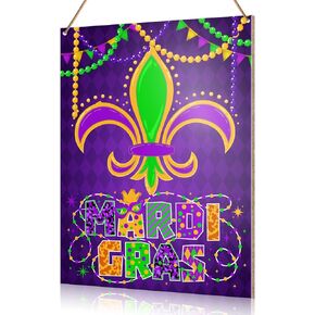 UDNADKEX Mardi Gras Hanging Sign Wood Decor, Mardi Gras Door Sign Decor Fat Tuesday New Orleans Carnival Home Decorations Masquerade Party Fleur de Lis Wall Decor