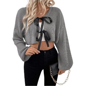 Verdusa Women's Bow Tie Front Knitted Crop Shrug Long Sleeve Cardigan Sweater