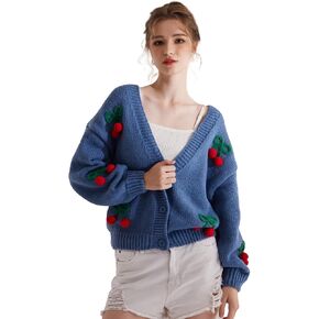 Cardigan Sweaters for Women Long Sleeve V-Neck Button Knit 3D Cherry Y2k Surcoat