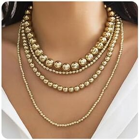 Jumwrit Dainty Layered Ball Beaded Choker Necklace Boho Chunky Bib Chain Necklace Punk Statement 4 Tier Long Pendant Necklace Accessories for Women Girls