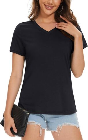 MAGCOMSEN Women's Cotton T Shirt V-Neck Short Sleeve Shirt Classic-Fit Casual Breathable Tee Summer Basic Tops in Kuwait