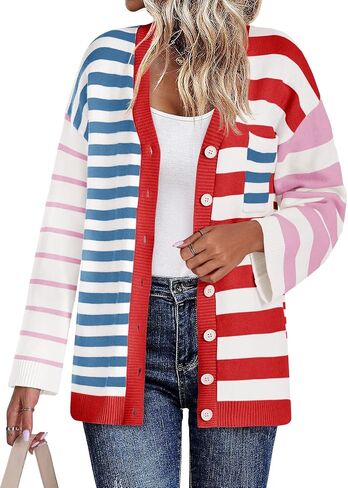 Saodimallsu Womens Striped Color Block Cardigan Sweaters V Neck Long Sleeve Button Colorful Open Front Coats in Kuwait