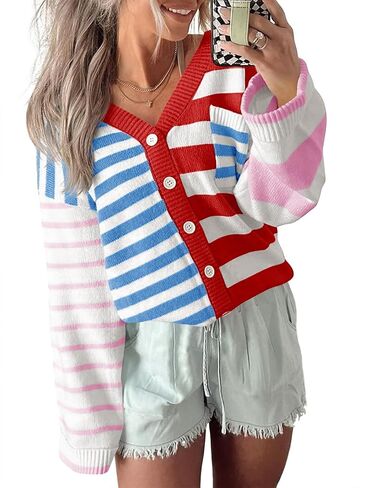 Saodimallsu Womens Striped Color Block Cardigan Sweaters V Neck Long Sleeve Button Colorful Open Front Coats in Kuwait