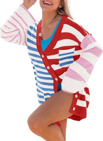Saodimallsu Womens Striped Color Block Cardigan Sweaters V Neck Long Sleeve Button Colorful Open Front Coats in Kuwait