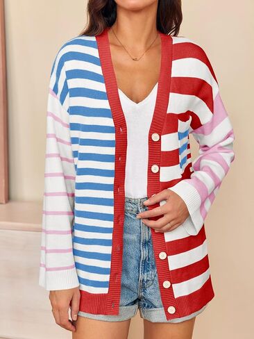 Saodimallsu Womens Striped Color Block Cardigan Sweaters V Neck Long Sleeve Button Colorful Open Front Coats in Kuwait