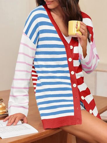 Saodimallsu Womens Striped Color Block Cardigan Sweaters V Neck Long Sleeve Button Colorful Open Front Coats in Kuwait
