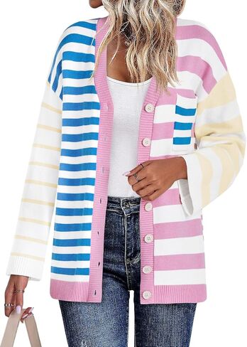 Saodimallsu Womens Striped Color Block Cardigan Sweaters V Neck Long Sleeve Button Colorful Open Front Coats in Kuwait