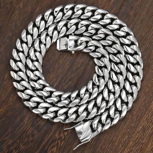 ROWIN&CO Mens Miami Cuban Link Chain Silver 15mm Stainless Steel Curb Chain Necklace, Men Jewelry Chain Choker, 18"-35", Hip Hop Chain Links, Includes Gift Box in Saudi Arabia