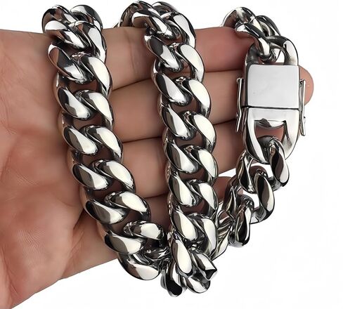ROWIN&CO Mens Miami Cuban Link Chain Silver 15mm Stainless Steel Curb Chain Necklace, Men Jewelry Chain Choker, 18"-35", Hip Hop Chain Links, Includes Gift Box in Saudi Arabia