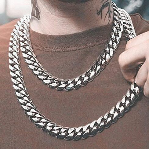 ROWIN&CO Mens Miami Cuban Link Chain Silver 15mm Stainless Steel Curb Chain Necklace, Men Jewelry Chain Choker, 18"-35", Hip Hop Chain Links, Includes Gift Box in Saudi Arabia