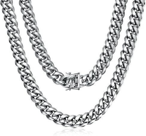 ROWIN&CO Mens Miami Cuban Link Chain Silver 15mm Stainless Steel Curb Chain Necklace, Men Jewelry Chain Choker, 18"-35", Hip Hop Chain Links, Includes Gift Box in Saudi Arabia