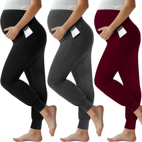 Geyoga 3 Pack Womens Maternity Pants Over The Belly Stretchy Pregnancy Sweatpants Comfy Pregnancy Joggers with Pockets(Black, Dark Grey, Wine Red,X-Large) in Saudi Arabia