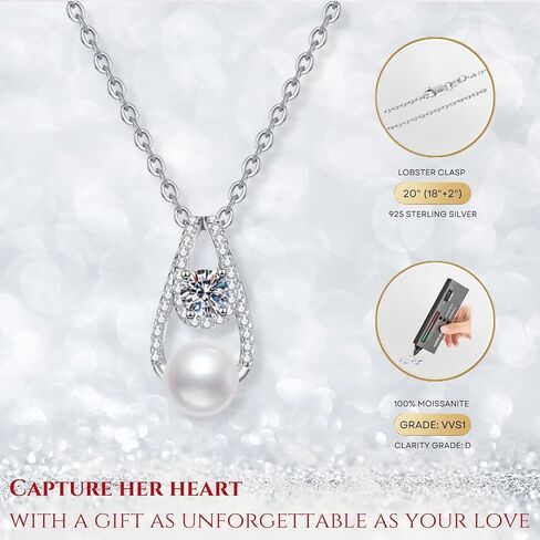 Women Gifts Real Freshwater Pearl Pendant Moissanite Necklace 925 Sterling Silver Fine Jewelry for Wife Mom Girlfriend, Anniversary Valentine's Day Mothers Day in Kuwait