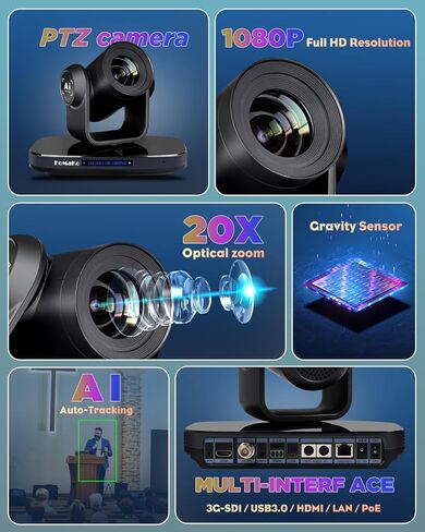 FoMaKo NDI PTZ Camera HDMI 1080P60 AI Auto-Tracking PTZ Camera 20X Optical Zoom, USB3.0 Type-C 3G-SDI HDMI PTZ Camera for Church Worship Education Conference Events, KN20 NDI Camera in Kuwait