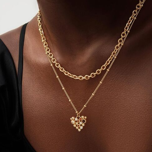 Gold Layered Necklaces Set For Women | 14K Gold Plated Handmade Cuban Link Figaro Cable Satellite Paperclip Chain Choker Necklace | CZ Heart Butterfly Square Cross Pendant Necklace Jewelry Gift Sets in Saudi Arabia