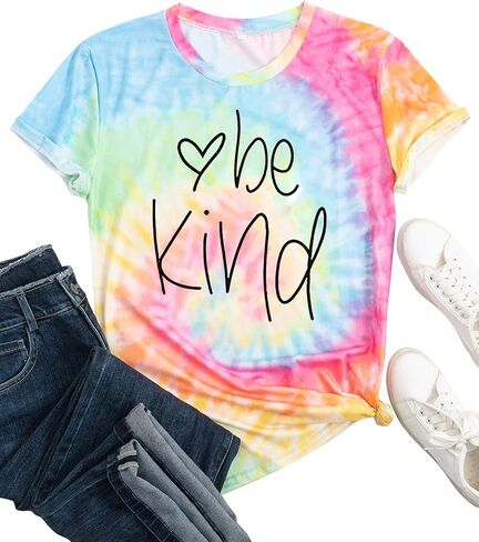 MAIHUN Be Kind Shirt for Women Tie Dye Rainbow T Shirt Inspirational Teacher Tees Tops Blessed Short Sleeve in Kuwait